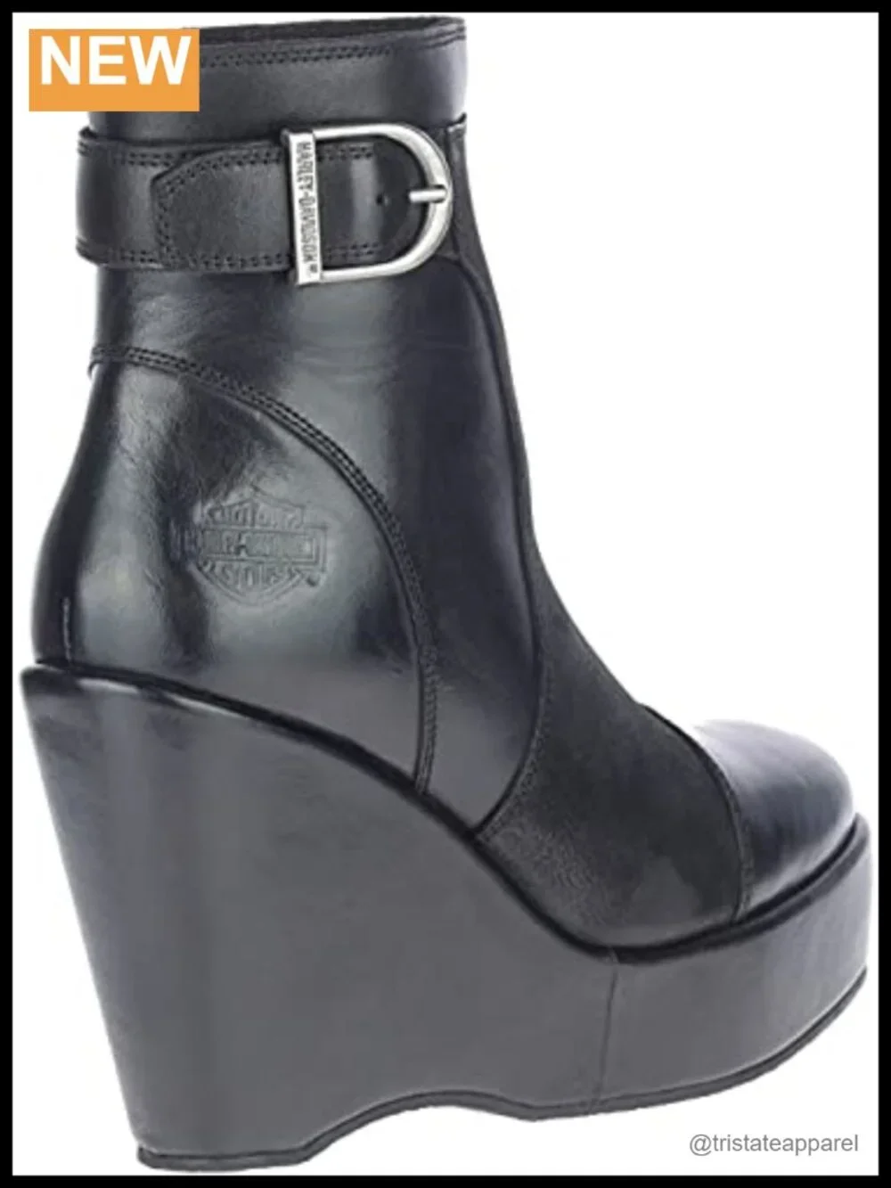 Black Leather Fashion Wedge Booties Ankle High Pull-On